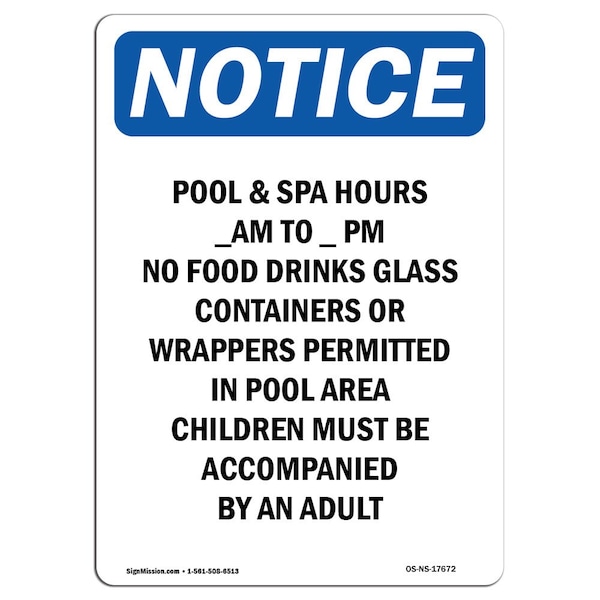 OSHA Sign, Pool & Spa Hours _ Am To _, 18in X 12in Rigid Plastic, 12" W, 18" H, Portrait
